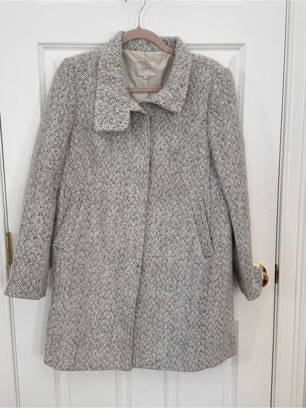 LOFT Herringbone Wool Blend Funnel Neck Coat Size S New